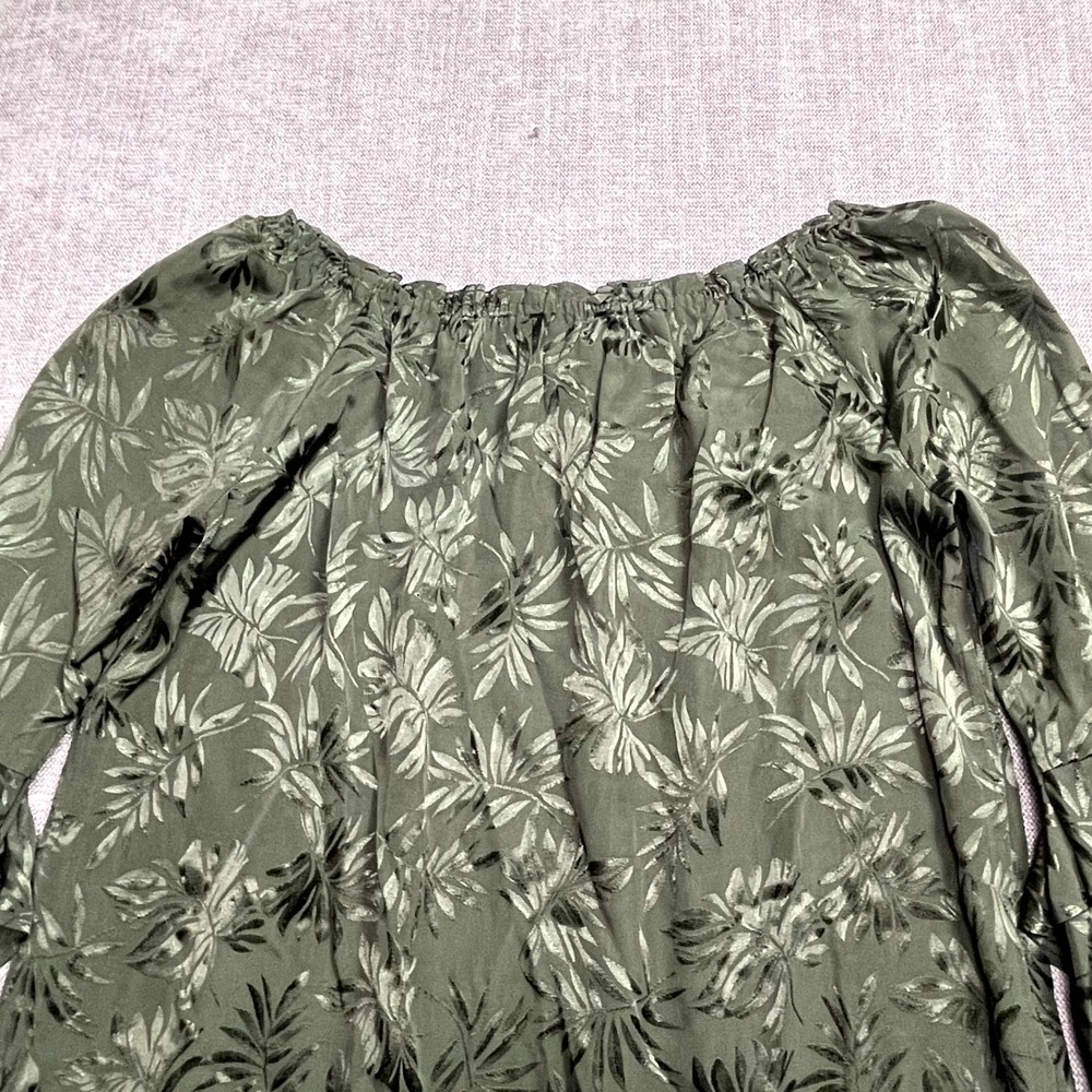 Michael Kors Blouse Top Womens Large Olive Green Floral Ruffle Sleeve Boat Neck - Picture 13 of 14